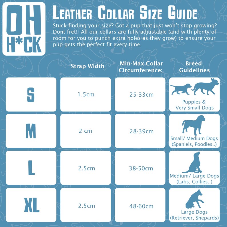vegan leather dog collar size guide, size small medium large and extra large
