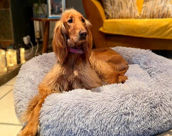Grey ECO Donut Shaped Fluffy Dog Bed, Washable Dog Bed, Doughnut Dog Calming Bed, Comfy Cooling Doggy Bed, Anti Anxiety Gifts Dog Bed Nest