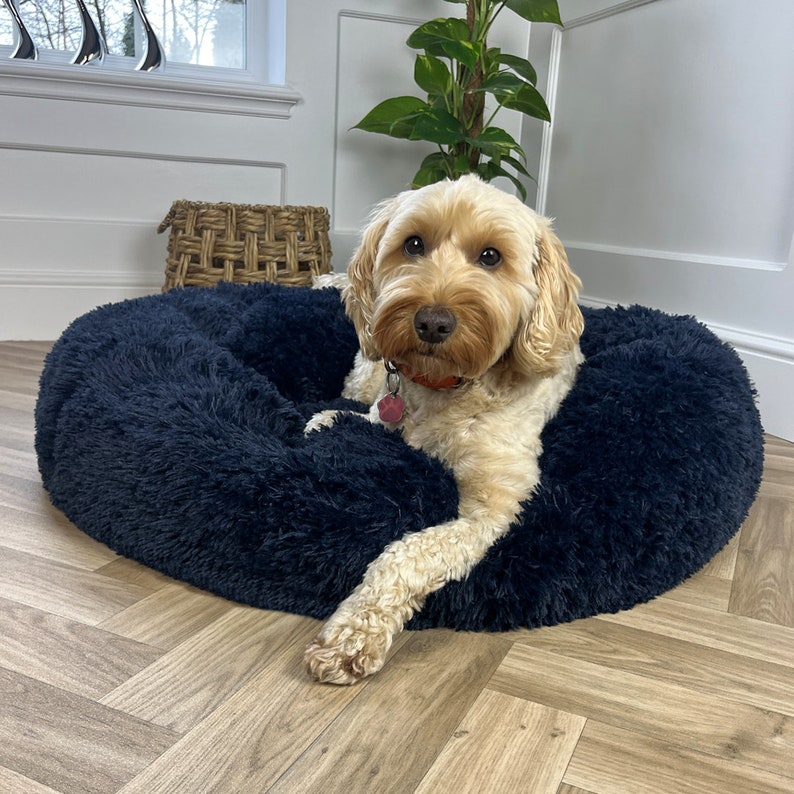 blue dog bed, dark dog bed, navy blue dog bed, navy dog bed, blue fluffy dog bed, dog snuggle bed, snuggly dog bed,