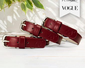 Wine Red Personalised Dog Collar Adjustable, Vegan Leather Plain Soft Padded Puppy Collar, Eco friendly, New Dog Owner Gift Essentials
