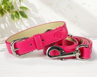 Felroze gepersonaliseerde veganistische leren bijpassende hondenhalsband en lijnen, zachte en comfortabele gewatteerde puppyhalsband en lijnen