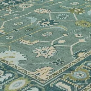 Hand-Knotted Teal Green Oushak Rug | Traditional Turkish Wool Area Carpet | Vintage-Inspired Oriental Rug for Living Room or Bedroom