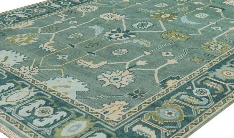 Hand-Knotted Teal Green Oushak Rug | Traditional Turkish Wool Area Carpet | Vintage-Inspired Oriental Rug for Living Room or Bedroom