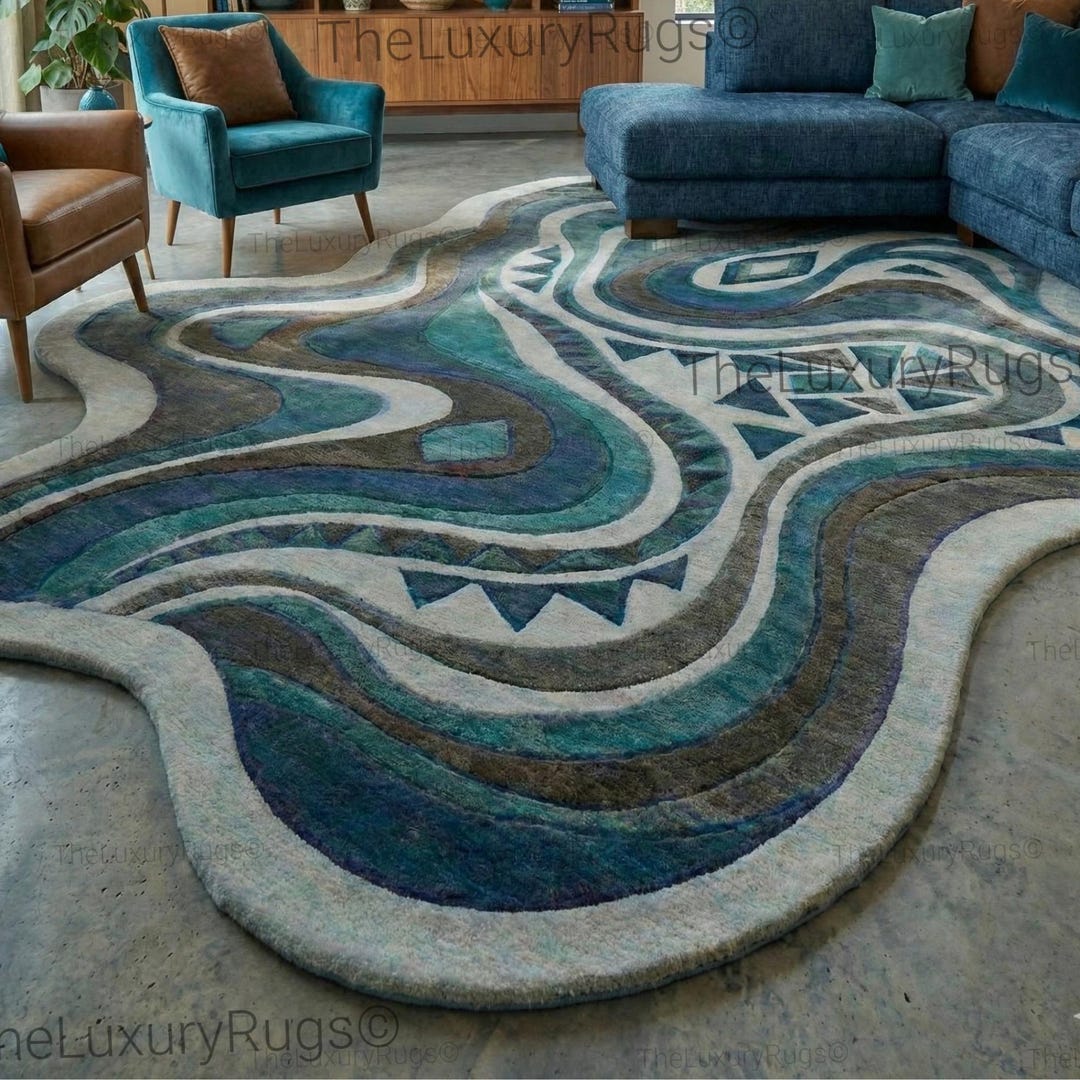 Abstract Blue Rug Pattern Hand-tufted Wool Abstract Blue Rug, Irregular Custom Size Rugs Living ...