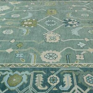 Hand-Knotted Teal Green Oushak Rug | Traditional Turkish Wool Area Carpet | Vintage-Inspired Oriental Rug for Living Room or Bedroom