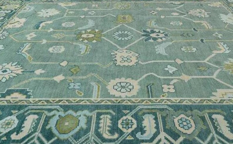 Hand-Knotted Teal Green Oushak Rug | Traditional Turkish Wool Area Carpet | Vintage-Inspired Oriental Rug for Living Room or Bedroom