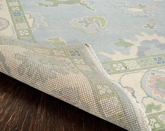 Hand-Knotted Turkish Oushak Rug | Light Blue, Pastel Green Wool Carpet Rugs Runner 8x10 Custom