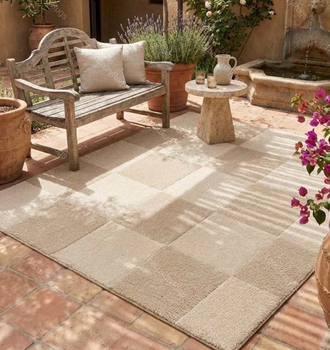 Hand-tufted Wool Checkerboard Rug Custom Size Beige Rugs for Living ...