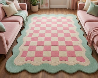Hand-Tufted Wool Area Rug: Pink White Wavy Design, Boho Accent Carpet