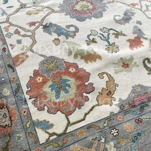 Ivory Oushak Rug: Hand-Knotted Turkish Wool, Floral Boho Carpet Floral Pattern Area rugs