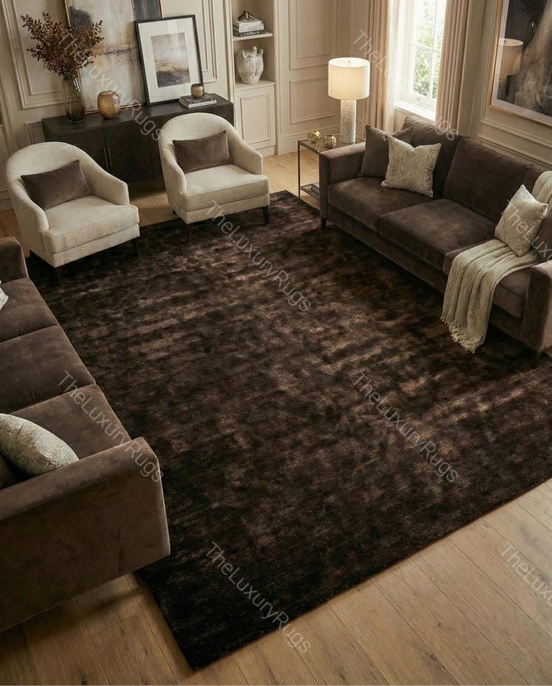 Title: Hand-tufted wool rug for living room, modern chocolate brown bedroom mats, custom size nordic rugs 100 knots