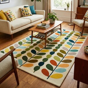 Mid-Century Moderner Teppich – Handgetuftet mit Buntem Blattmuster für Wohnzimmer, Schlafzimmer oder Kinderzimmer Deko
