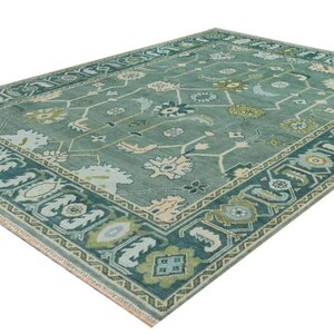 Hand-Knotted Teal Green Oushak Rug | Traditional Turkish Wool Area Carpet | Vintage-Inspired Oriental Rug for Living Room or Bedroom