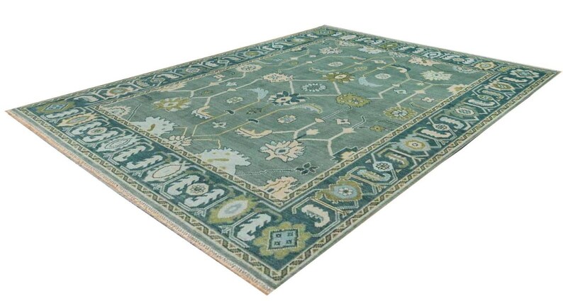 Hand-Knotted Teal Green Oushak Rug | Traditional Turkish Wool Area Carpet | Vintage-Inspired Oriental Rug for Living Room or Bedroom