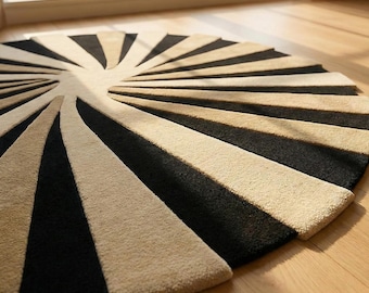 Hand-Tufted Wool Sunburst Rug: Black & Beige Circle Carpet Unique Abstract Circle Rugs