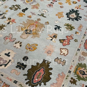 Hand Knotted Oushak Rug | Light Blue Turkish Wool Rug | Modern Pastel Area Rug  Boho Neutral Decor | Large Living Room Carpet Size In Custom