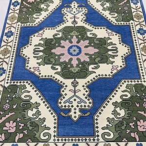 Blue Oushak Rug 9x12 – Hand Knotted Turkish Area Rug with Pink Accents – Fine Wool Vintage Look Carpet in 6x9, 8x10, 10x14 Sizes