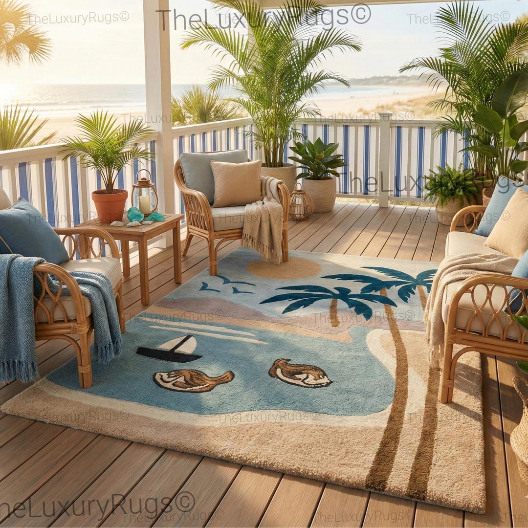 Hand-tufted Wool Tropical Beach Rug Coastal Palm Tree Rugs Custom Size ...