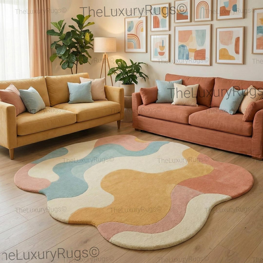 Hand-tufted Wool Rug Pastel Abstract Irregular Wavy Custom Living Room ...