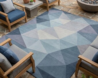 Alfombra de lana tejida a mano azul geométrico moderno abstracto alfombras a medida sala de estar