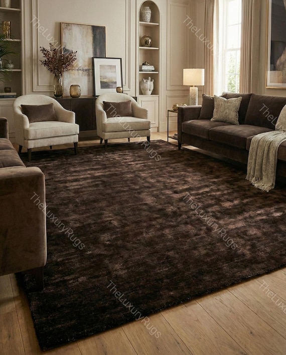 Title: Hand-tufted wool chocolate brown rug for living room, modern bedroom mats, custom size