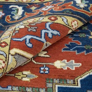 Alfombra Antigua Serapi Heriz 9x12 – Lana Anudada a Mano – Persa Azul Roja 6x9 8x10 – Estilo Vintage Oriental para Sala u Oficina