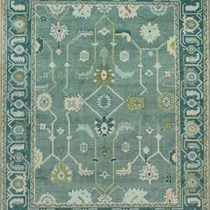 Hand-Knotted Teal Green Oushak Rug | Traditional Turkish Wool Area Carpet | Vintage-Inspired Oriental Rug for Living Room or Bedroom