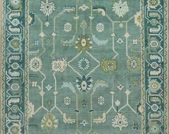 Hand-Knotted Teal Oushak Rug | Traditional Turkish Wool Carpet Rug for Living Room runner