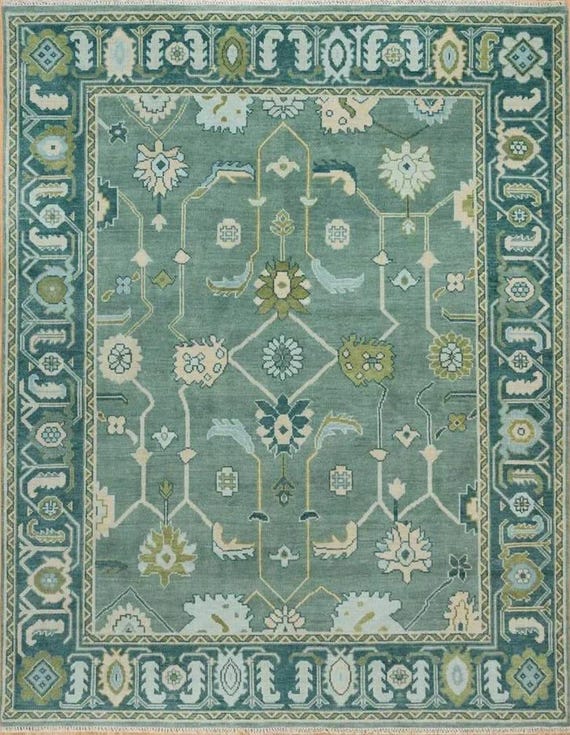 Hand-Knotted Teal Oushak Rug | Traditional Turkish Wool Carpet Rug for Living Room runner