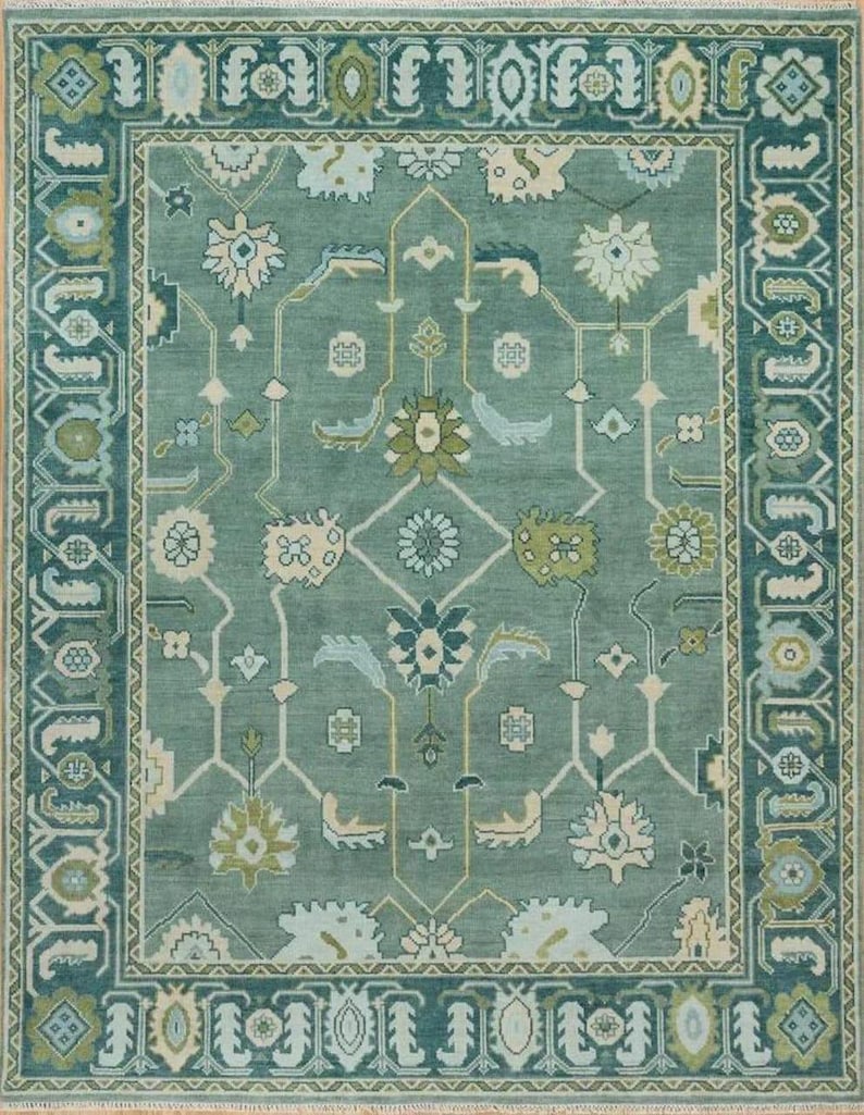 Hand-Knotted Teal Green Oushak Rug | Traditional Turkish Wool Area Carpet | Vintage-Inspired Oriental Rug for Living Room or Bedroom
