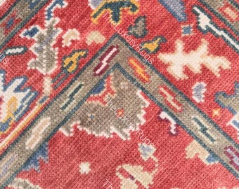 Hand-Knotted Wool Oushak Rug: Red and Blue Turkish Design Custom Size Oushak Rugs Runner
