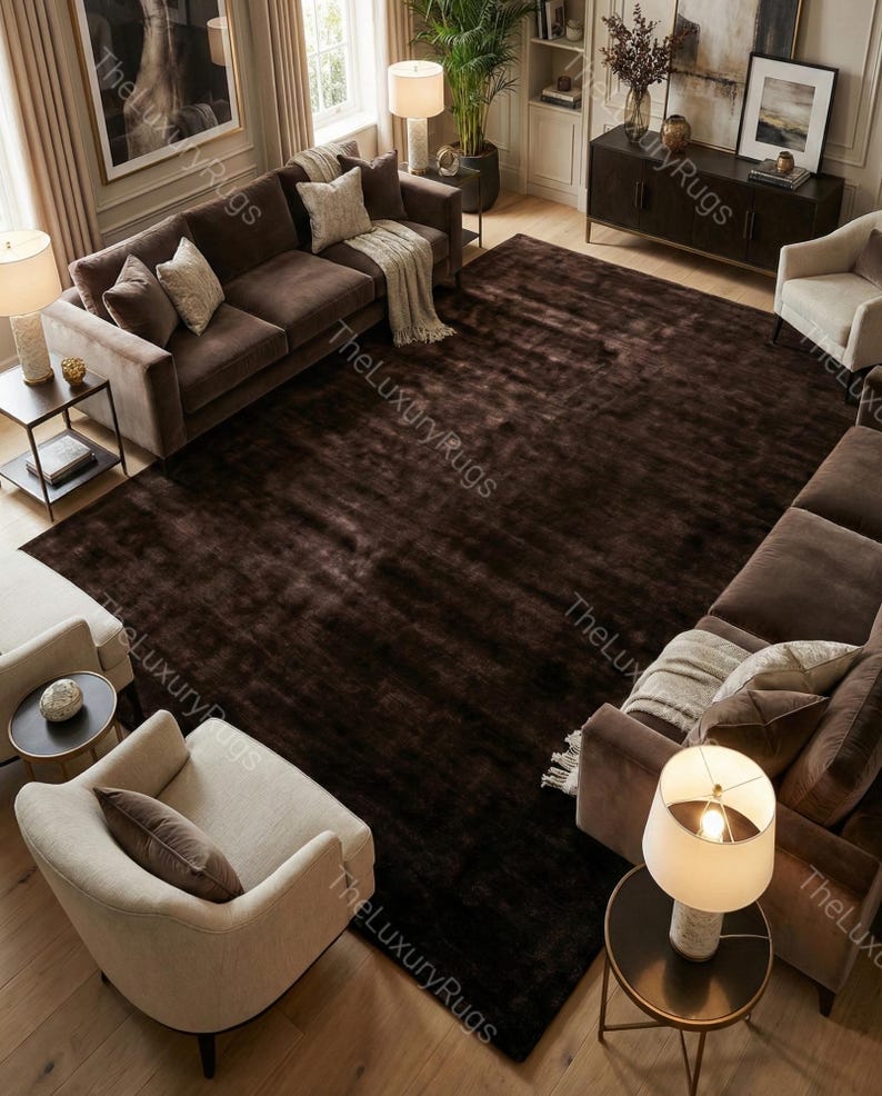 Title: Hand-tufted wool rug for living room, modern chocolate brown bedroom mats, custom size nordic rugs 100 knots
