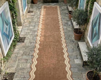 Hand-tufted wool Scalloped Runner Brown Cream Wavy Border Custom Size Hallway Living Room Rug