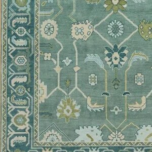 Hand-Knotted Teal Green Oushak Rug | Traditional Turkish Wool Area Carpet | Vintage-Inspired Oriental Rug for Living Room or Bedroom
