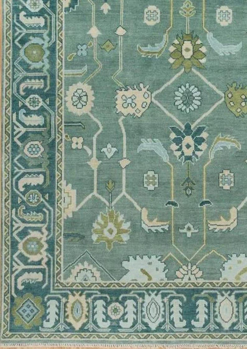 Hand-Knotted Teal Green Oushak Rug | Traditional Turkish Wool Area Carpet | Vintage-Inspired Oriental Rug for Living Room or Bedroom