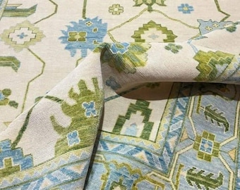 Hand-Knotted Wool Oushak Rug: Blue & Green Floral Turkish Carpet