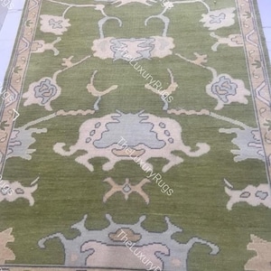 Hand Knotted Oushak Rug – Green & Ivory Turkish Wool Carpet, Vintage Style Oriental Area, Traditional Handmade Green Oushak customize rugs