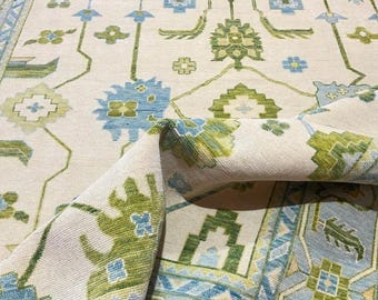 9x12 Zielony i Niebieski Oushak Rug | Ręcznie Tkany Wełniany Turecki Dywan | Nowoczesne Orientalne Rugs | Kremowe Tło Salon Zielony Rugs