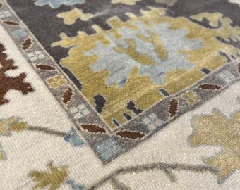 Oushak-Teppich 9x12 – Handgeknüpfter türkischer Wollteppich | Blauer beiger Orientteppich im Vintage-Stil fürs Wohnzimmer