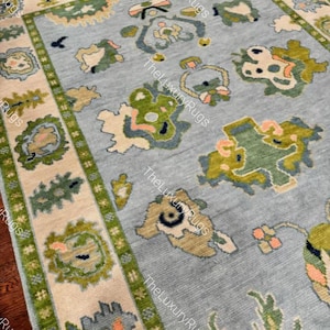 Hand Knotted Oushak Rug | Sky Blue Green Turkish Wool Carpet | Vintage Style 8x10 9x12 Area Rugs | Neutral Living Room Green Oushak Runner