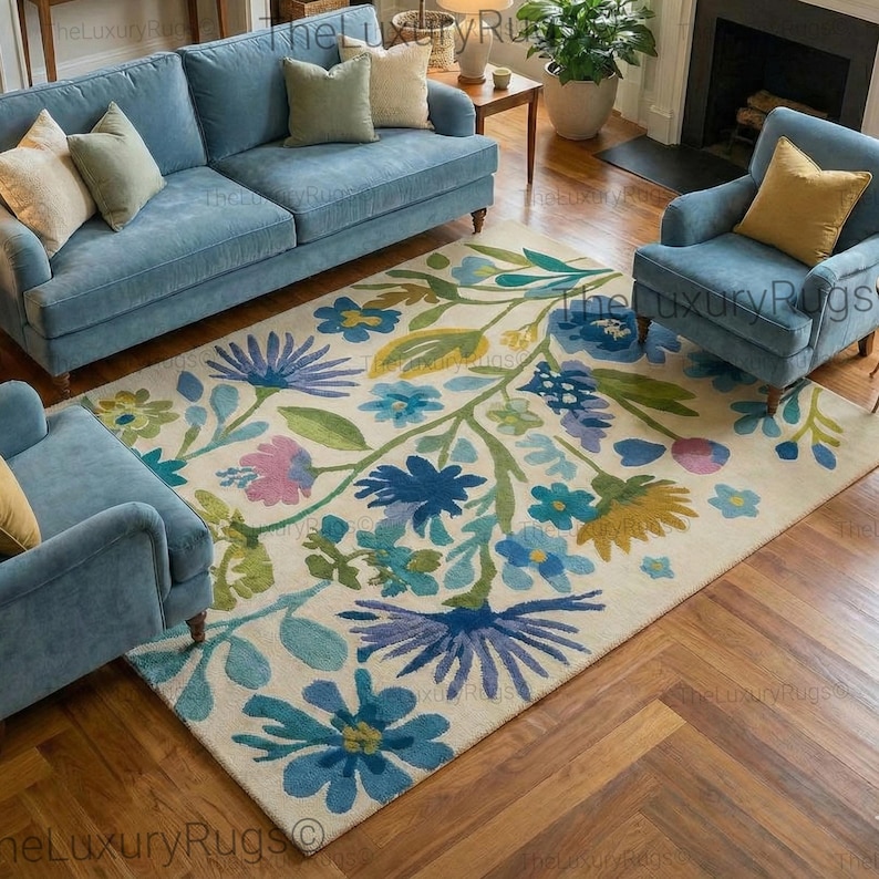 Hand-tufted Wool Floral Area Rug Blue Green Rugs Custom Size Living ...