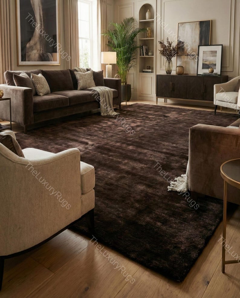 Title: Hand-tufted wool rug for living room, modern chocolate brown bedroom mats, custom size nordic rugs 100 knots