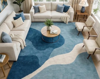 Hand-tufted wool Abstract Rug Blue Cream Wavy Pattern Custom Size Living Room Carpet  Stylish