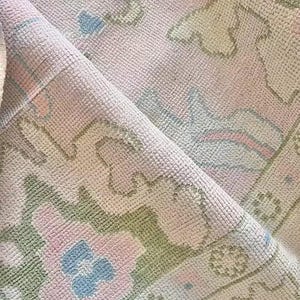 Pastel Turkish Oushak Rug – Hand-Knotted 100% Wool Area Rug in Soft Pink, Green & Cream | Vintage Style Oriental Rug Living Room | Bedroom
