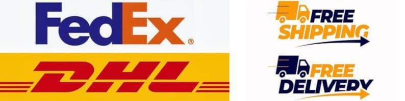 May include: Logos for FedEx and DHL, with the FedEx logo in blue and orange and the DHL logo in red and yellow. Also, images with the text "FREE SHIPPING" and "FREE DELIVERY" with a truck icon.