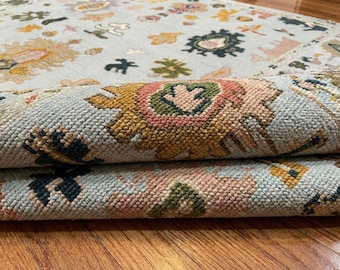 Handgeknoopte Oushak Tapijt | Lichtblauw Turks Wol Areaal Tapijt | Pastel Vintage Oriëntaals Tapijt voor Woonkamer 6x9, 8x10, 9x12 Maatwerk