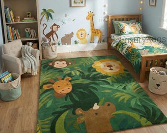 Hand-tufted wool green jungle animal rug safari nursery rugs custom size kids bedroom art