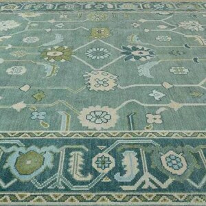 Hand-Knotted Teal Green Oushak Rug | Traditional Turkish Wool Area Carpet | Vintage-Inspired Oriental Rug for Living Room or Bedroom