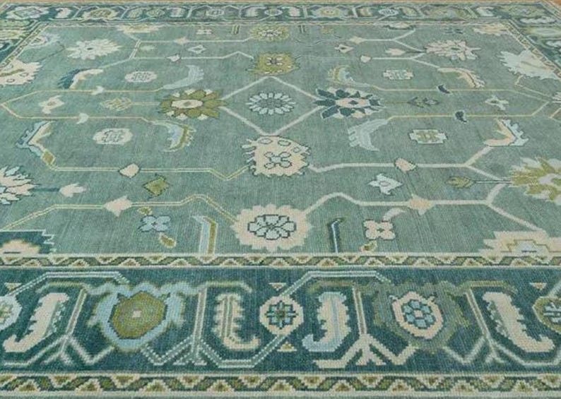 Hand-Knotted Teal Green Oushak Rug | Traditional Turkish Wool Area Carpet | Vintage-Inspired Oriental Rug for Living Room or Bedroom