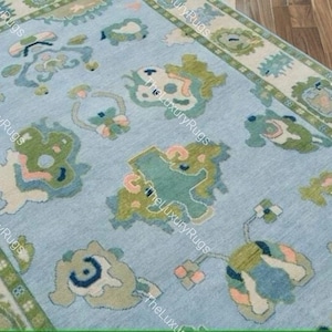 Light Blue Green Hand Knotted Oushak Rug | Turkish Wool Carpet | Soft Toned Oriental Area Rug Green Oushak Rug 9x12 Blue Oushak Custom Size